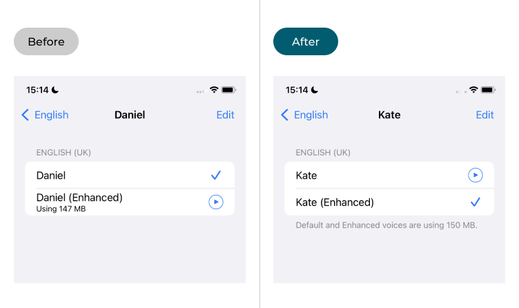 The Screen Reader options before and after a new voice is selected